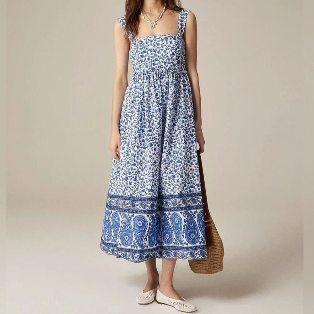 J. Crew Blue Squareneck Midi Dress Bandana Block Print Size 12